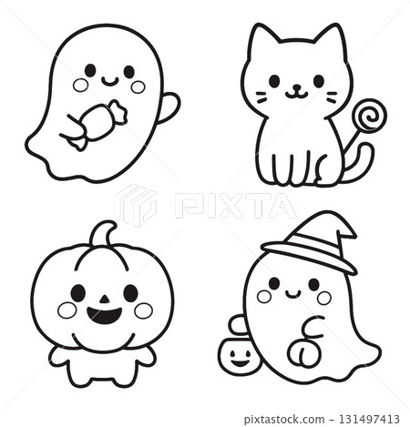Cute ghost holding candy, cat, pumpkin character, and ghost with witch hat, all in kawaii style 131497413
