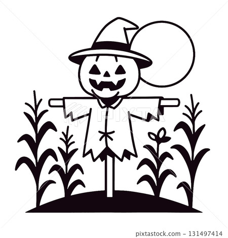 Scarecrow pumpkin hat moon corn Halloween field spooky autumn 131497414
