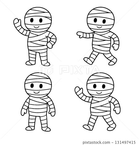 Cute mummy cartoon, black and white, happy, simple line art, four poses, Halloween theme 131497415