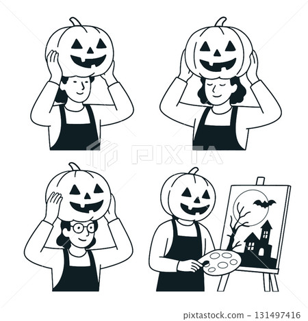 Woman pumpkin head Halloween costume painting canvas art illustration happy creative black white 131497416