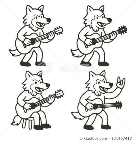 Wolf cartoon guitar music happy standing sitting playing hand gesture fun 131497417