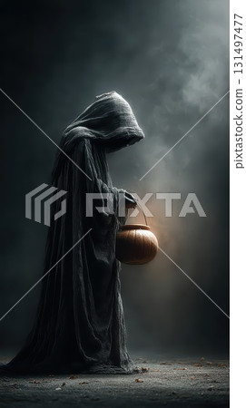 Cloaked figure carries pumpkin basket 131497477