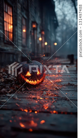 Glowing pumpkin on cobblestone path 131497488