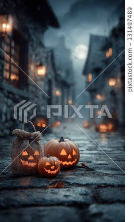 Spooky Halloween decorations in a village street 131497489