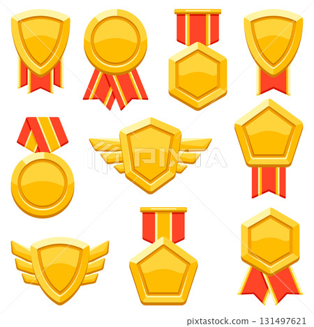 Set of gold medals with ribbon. Game award for the winners. Illustration of prize for sports competitions. Set of gold medals with ribbon. Game award for the winners. Illustration of prize for sports competitions. 131497621
