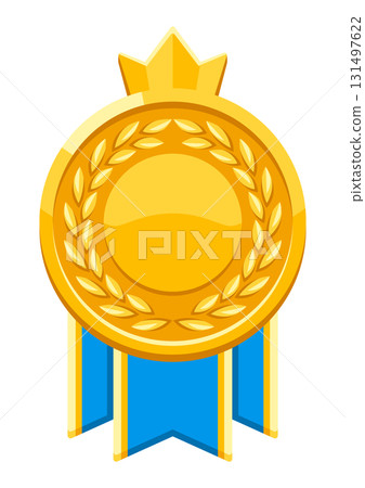 Gold medal with laurel leaves. Game award for the winners. Illustration of prize for sports competitions. 131497622