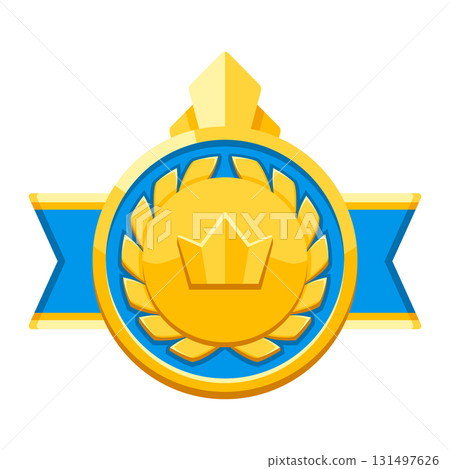 Gold medal with ribbon and laurel leaves . Game award for the winners. Illustration of prize for sports competitions. 131497626