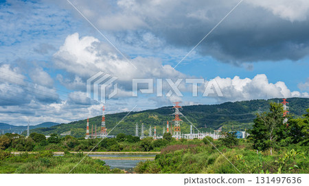 Power line tower standing on the banks of the Yodo River, Takatsuki City, Osaka Prefecture Power line tower standing on the banks of the Yodo River, Takatsuki City, Osaka Prefecture 131497636