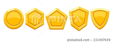 Set of gold medals and shields. Game award for the winners. Illustration of prize for sports competitions. 131497639