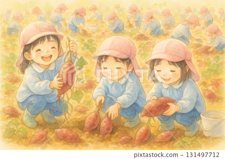 Smiling children enjoying digging sweet potatoes Autumn harvest experience Watercolor illustration Smiling children enjoying digging sweet potatoes Autumn harvest experience Watercolor illustration 131497712