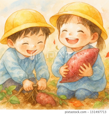 孩子們享受挖地瓜的樂趣 秋收體驗 水彩畫 孩子們享受挖地瓜的樂趣 秋收體驗 水彩畫 131497713