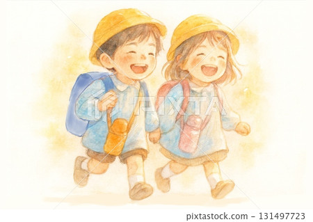 Boy and girl walking together on an autumn field trip, watercolor illustration Boy and girl walking together on an autumn field trip, watercolor illustration 131497723
