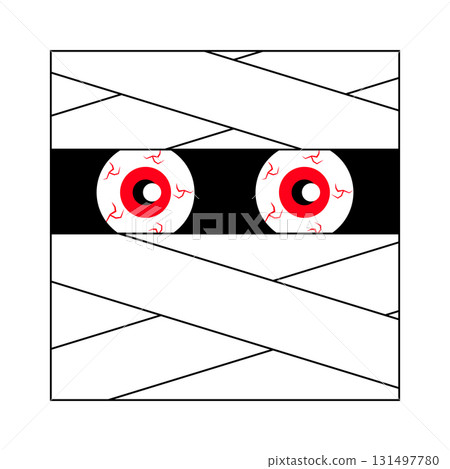 Scary Cartoon Mummy Face with Red Eyes Vector Illustration. Perfect for Halloween decorations, party invitations, posters, stickers or themed digital content. Scary Cartoon Mummy Face with Red Eyes Vector Illustration. Perfect for Halloween decorations, party invitations, posters, stickers or themed digital content. 131497780