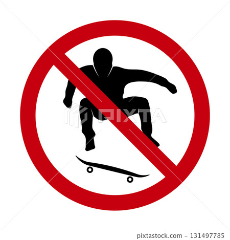 No Skateboarding Prohibition Sign Vector Illustration. A prohibition sign showing a silhouette of a skateboarder performing a jump inside a red circle with a diagonal line. No Skateboarding Prohibition Sign Vector Illustration. A prohibition sign showing a silhouette of a skateboarder performing a jump inside a red circle with a diagonal line. 131497785