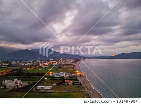 View of Crete with drone in cloudy rainy winter weather, moody but beautiful island. 131497984