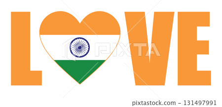 Patriotic illustration with flag of India, word Love with heart and Indian flag. 131497991
