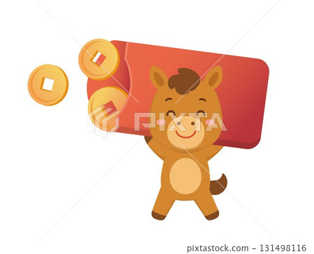 俏皮可愛的馬角色或吉祥物,金幣與財富,中國農曆新年的向量卡通人物 俏皮可愛的馬角色或吉祥物,金幣與財富,中國農曆新年的向量卡通人物 131498116