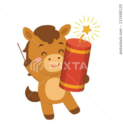 俏皮可愛的馬角色或吉祥物與爆竹,中國農曆新年的向量卡通人物 131498120