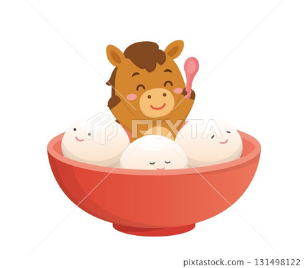可愛的馬吉祥物或腳色與湯圓,慶祝元宵節或中國新年的向量卡通插畫 131498122