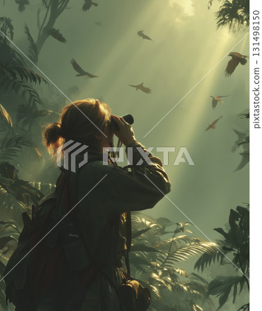 Discovering the jungle wonders with binoculars in golden light 131498150