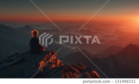 Solo traveler finds peace while meditating on a mountain peak at sunset Solo traveler finds peace while meditating on a mountain peak at sunset 131498151