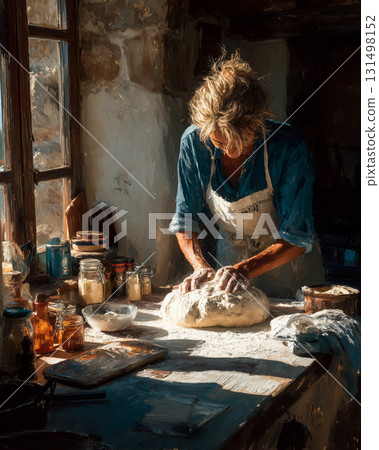 Solo traveler learns bread making in rustic kitchen during golden hour 131498152