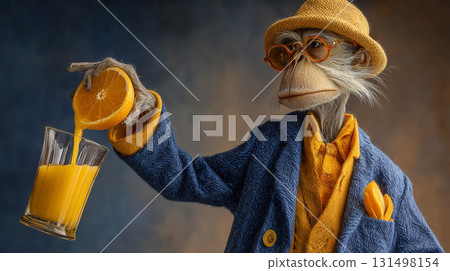 Orange character enjoys a refreshing juice pouring moment in a cozy setting 131498154