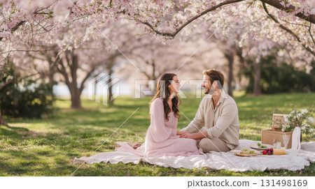 Couple enjoys a romantic picnic beneath blooming cherry trees in spring 131498169