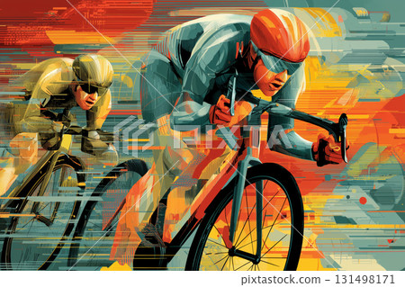 Intense cyclists race through vibrant backdrop in a competitive challenge Intense cyclists race through vibrant backdrop in a competitive challenge 131498171