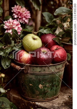Enamel bucket brimming with ripe apples in a lush garden setting 131498180