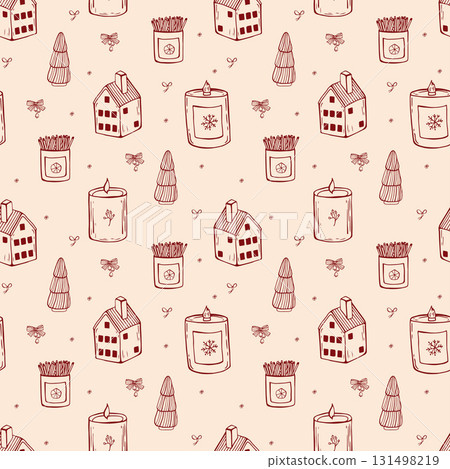 Whimsical Christmas seamless pattern with candle and christmas tree in red color. Vector linear hand drawn wrapping paper 131498219