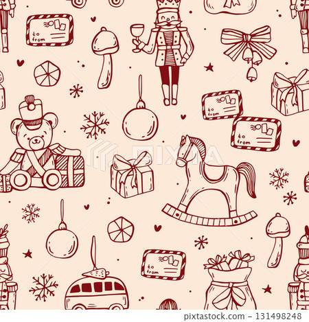 Vintage Christmas whimsical seamless pattern in red color. Line art hand drawn coquette illustrations. Vintage Christmas whimsical seamless pattern in red color. Line art hand drawn coquette illustrations. 131498248