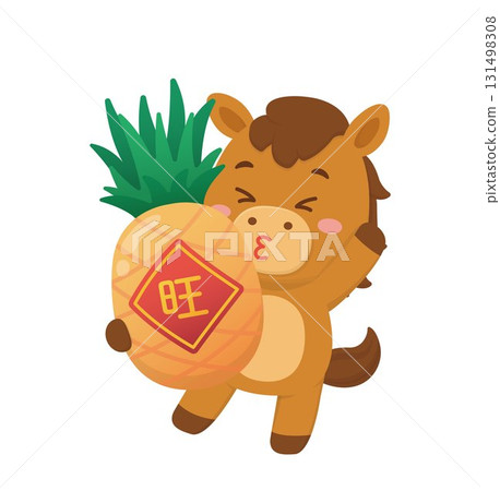 Playful and cute horse character or mascot with pineapple, vector cartoon character for Chinese New Year Playful and cute horse character or mascot with pineapple, vector cartoon character for Chinese New Year 131498308