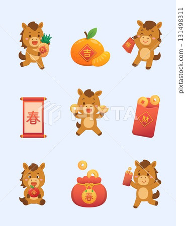 Horse character or cartoon person or mascot with spring couplets and gold coins, vector cartoon set of Chinese New Year 131498311