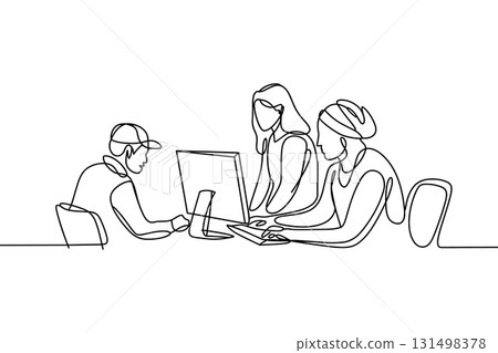Diverse Team Working on Computers Continuous One Line Drawing Vector. Student Collaboration and Office Vector. 131498378