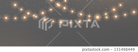 Christmas gold light background. Fairy bulb, banner. New Year luxury string garland. Winter party frame. Led neon line baubles. Festive border. Glow lamp bg. Glitter bright lamp. Vector illustration 131498449
