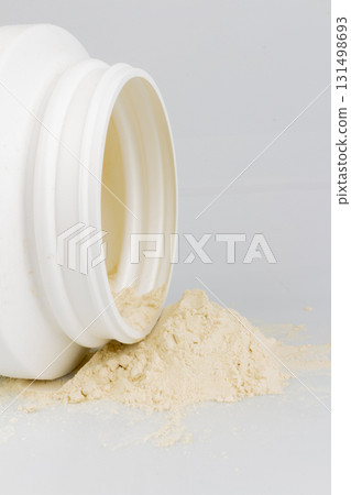 Protein Powder with Plastic Bottle on White Background Nutrition Photostock 131498693