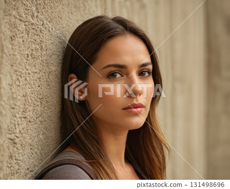 Woman model with long hair stands on concrete wall background Woman model with long hair stands on concrete wall background 131498696