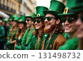 Group of people wearing green hats and holding glasses, one of them smiling. Scene is cheerful and 131498732