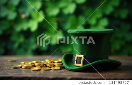 Green hat with gold buckle lies on table next to pile of gold coins on green background. St. Patrick 131498737
