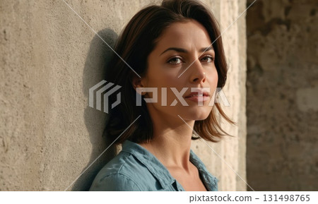 Woman model with long hair stands on concrete wall background 131498765