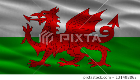 Wales flag with fabric texture. Realistic flag of Wales waving Wales flag with fabric texture. Realistic flag of Wales waving 131498862