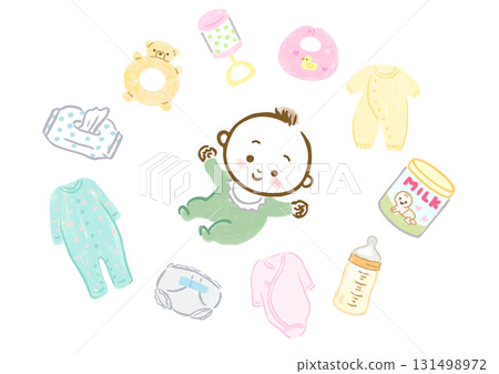 Hand-drawn illustration set of babies and baby goods 131498972