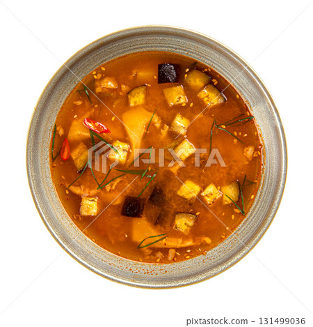 Isolated hot and spicy Asian tofu soup bowl Isolated hot and spicy Asian tofu soup bowl 131499036