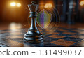 chess or chess piece concept. Black chess queen board with digital security shield glowing background, symbolizing strategy 131499037