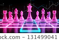 chess or chess piece concept. Futuristic pink chess pieces on holographic board with data chart background glowing brightly 131499041