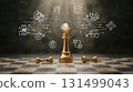 chess or chess piece concept. Golden king chess piece with AI and cybersecurity icons symbolizing strategic digital victory 131499043