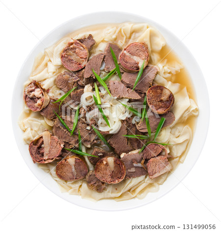 Traditional Kazakh beshbarmak with horse sausage Traditional Kazakh beshbarmak with horse sausage 131499056