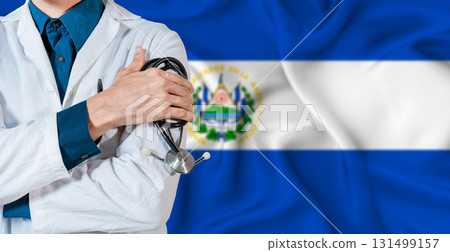 El Salvador healthcare concept. Doctor with stethoscope on El Salvador flag. Doctor holding stethoscope on Salvadoran flag 131499157