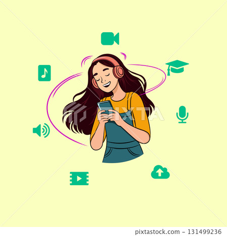 Happy Young Woman Listening to Music and E-learning via Smartphone. Concept of Digital Media Consumption and Entertainment Happy Young Woman Listening to Music and E-learning via Smartphone. Concept of Digital Media Consumption and Entertainment 131499236